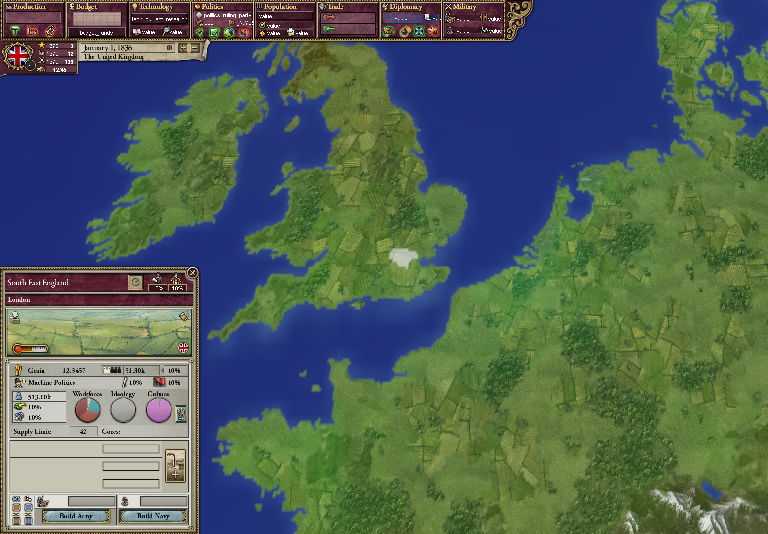 Victoria II GUI with London Province Selected